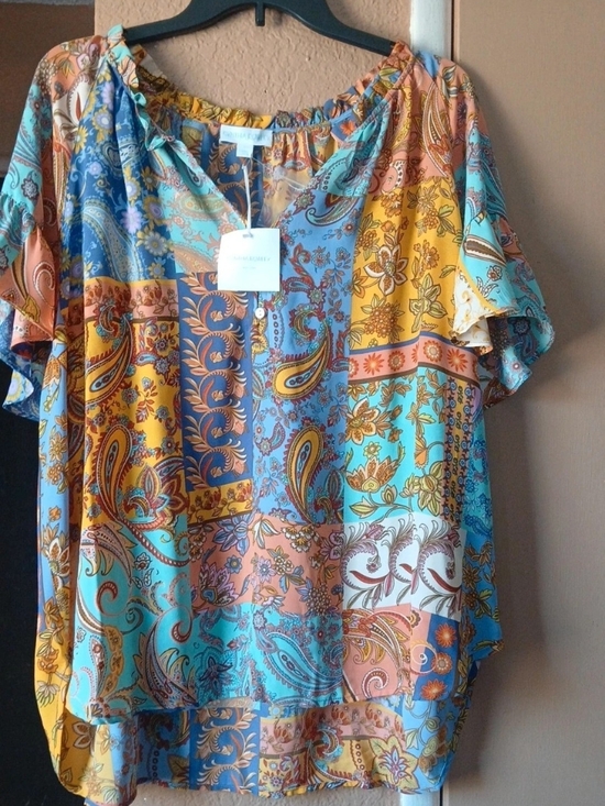 Cynthia Rowley Tops - Boho Patchwork Paisley Off-Shoulder Women's Top - Turquoise & Mustard